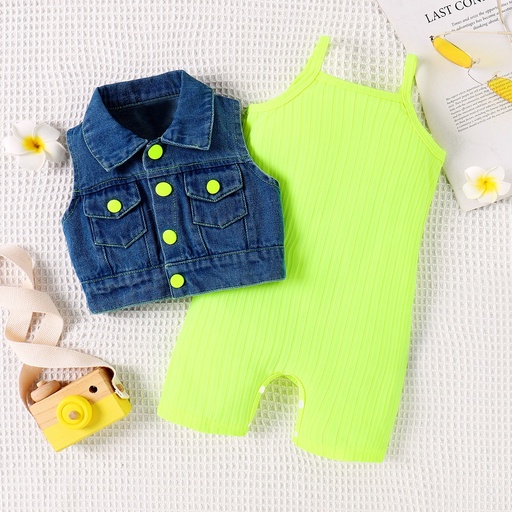 [SCL15-20656088] 2pcs Baby Girl Solid Rib-knit Romper and Button Up Front Vest Denim Jacket Set