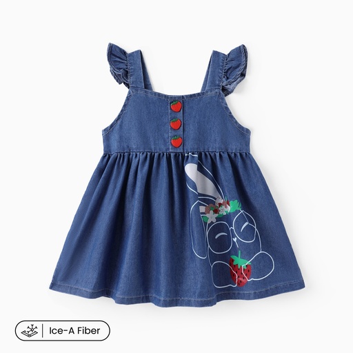 Baby Girl Cooling Denim Rabbit Print Flutter-sleeve Button Dress