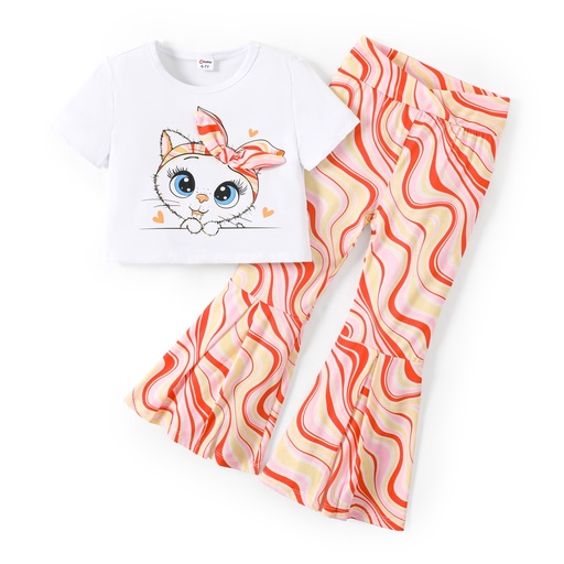 2pcs Toddler Girl Cute Cat Print Top & Wavy Flare Pants Set