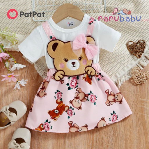 Patpat-(2nb9-20405133)Baby Girl 100% Cotton Short-sleeve Cartoon Bear Faux-two Suspender Dress