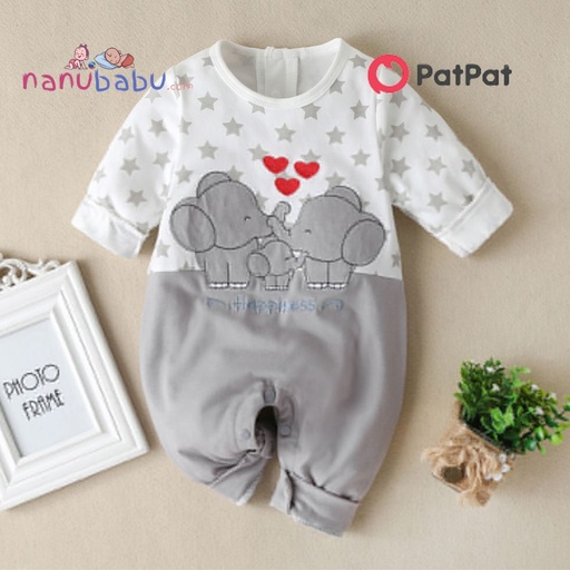 Elephant Applique Stars Print Splice Long-sleeve White Baby Jumpsuit-3nb13-19726554