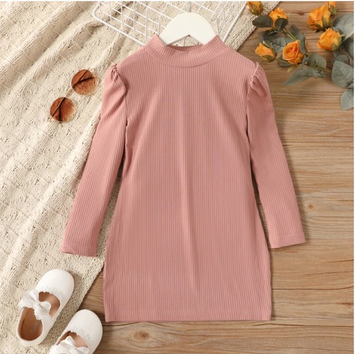 Toddler Girl Solid Ribbed Long-sleeve Pink Dress(4nb13-20144887)