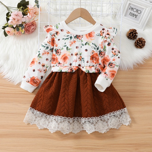 [WC7L-20569735] Toddler Girl Sweet Faux-two Floral Print Lace Splice Long-sleeve Dress