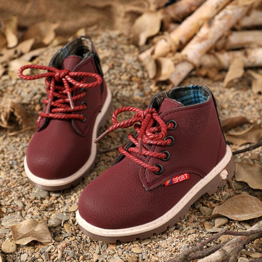 [WC7L-20185922] Toddler / Kid Burgundy Color Perforated Lace-up Side Zipper Boots
