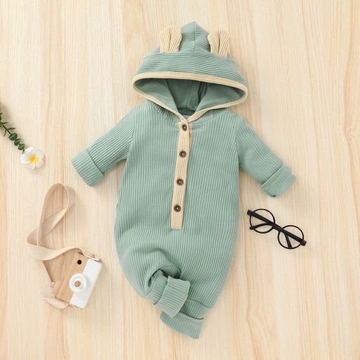 [WC7L-19947900] Ribbed Solid Hooded 3D Ear Long-sleeve Baby Jumpsuit