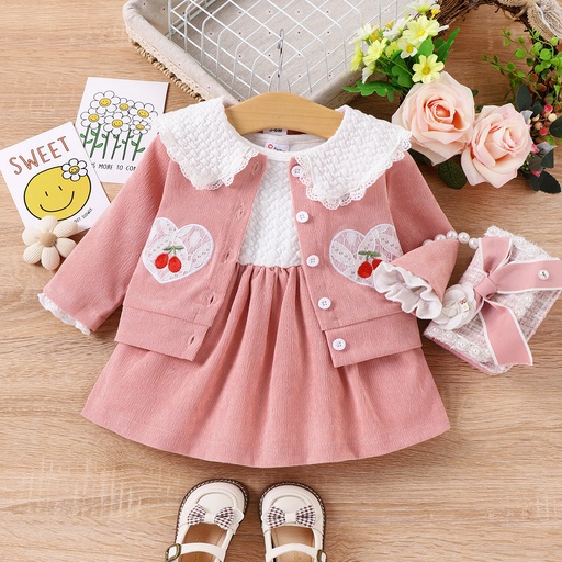 [WC7L-20676436] 2pcs Baby Girl Sweet Cherry Lapel Longsleeve Dress Set