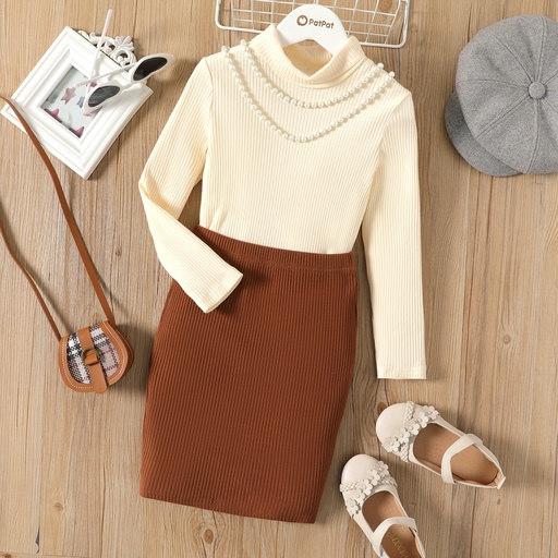 [WC7L-20516742] 2pcs Kid Girl Turtleneck Long-sleeve Ribbed Cotton Tee and Brown Skirt Set