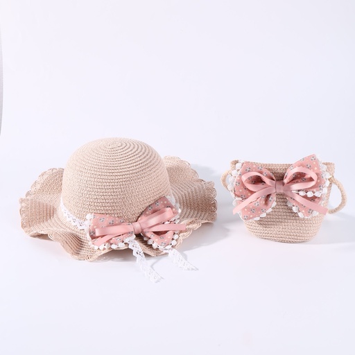 [WC7L-20645703] 2pcs Toddler/Kid Bow Decor Straw Hat & Straw Bucket Bag Set