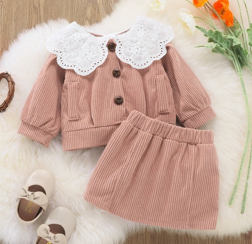 2pcs Solid Doll Collar Corduroy Long-sleeve Baby Set