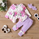 3pcs Baby Girl Allover Floral Print Ruffle Long-sleeve Romper and 95% Cotton Bow Decor Pants & Headband Set