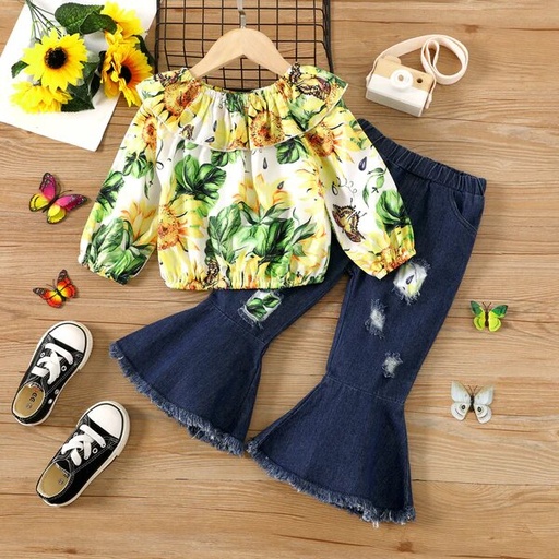 [SC8L1-20546040] 2pcs Toddler Girl Allover Floral Print Ruffle Long-sleeve Top and Ripped Flared Pants Set