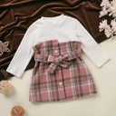 Ribbed Long-sleeve Splicing Pink Plaid Belted Baby Faux-two Dress