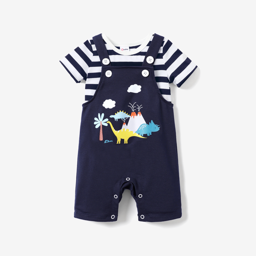 [SC8L1-20773443] 2pcs Baby Boys/Girls Dinosaur Short-sleeve Hanging Strap Tee and Overalls Set 