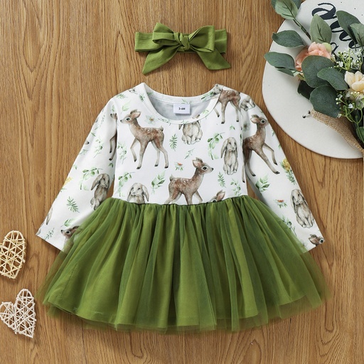 [SC8L1-20127629] 2pcs Baby All Over Animal Print Long-sleeve Splicing Mesh Dress Set