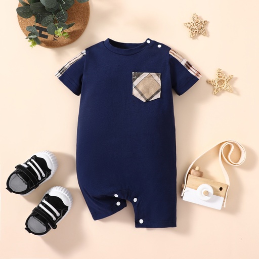 [SC8L1-20571800] Baby Boy 95% Cotton Plaid Spliced Short-sleeve Romper