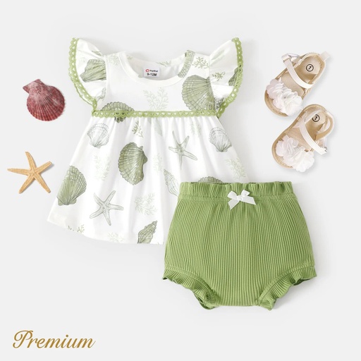 [SC8L1-20650951] 2pcs Baby Girl Naia™ Ocean Print Flutter-sleeve Top and Ruffle Trim Solid Shorts Set