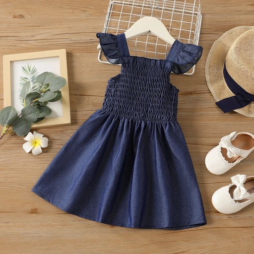 [SC8L1-20622689] Toddler Girl Blue Flutter-sleeve Smocked Cotton Dress