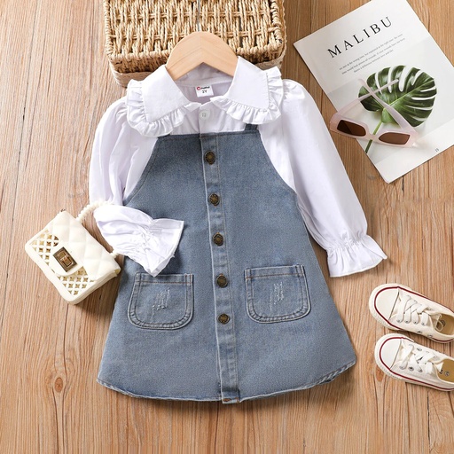 [SC8L1-20693920] Toddler Girl Solid Denim Botton Design Lapel Dress