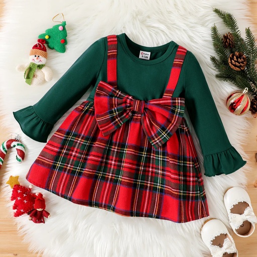 [SC8L1-20509677] Baby Girl Solid Long-sleeve Spliced Red Plaid Bow Front Dress