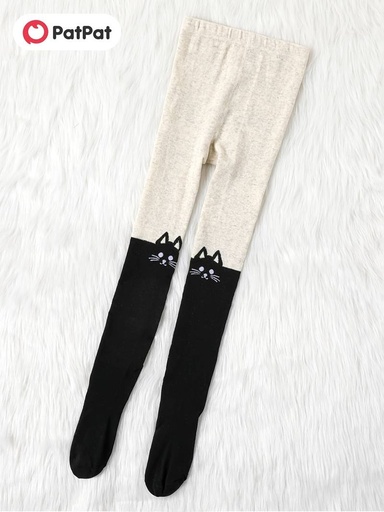 [SC8L2-20219921] Kid Girl Cat/Bear Print Colorblock Footie Leggings