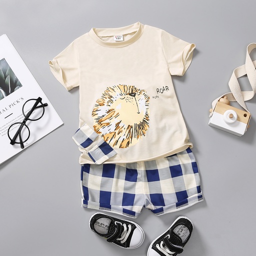 [SC8L2-20323213] 2pcs Toddler Boy Playful Lion Letter Print Tee and Plaid Shorts Set