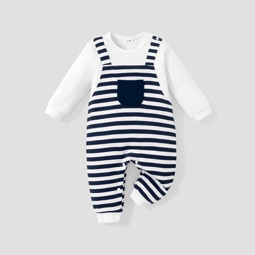 [SC8L2-19493900] 100% Cotton Stripe Print Long-sleeve Baby Navy White Jumpsuit