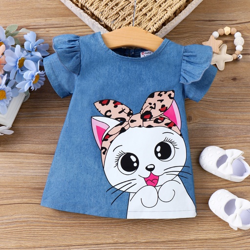 [SC8L2-20815135] Baby Girl Cute Cat Print Ruffled Short-sleeve Dress/ Sandals