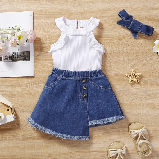 [SC8L2-20646558] 3pcs Baby Girl 95% Cotton Ruffled Rib-knit Halterneck Top & Asymmetrical Hem Denim Skirt & Headband Set