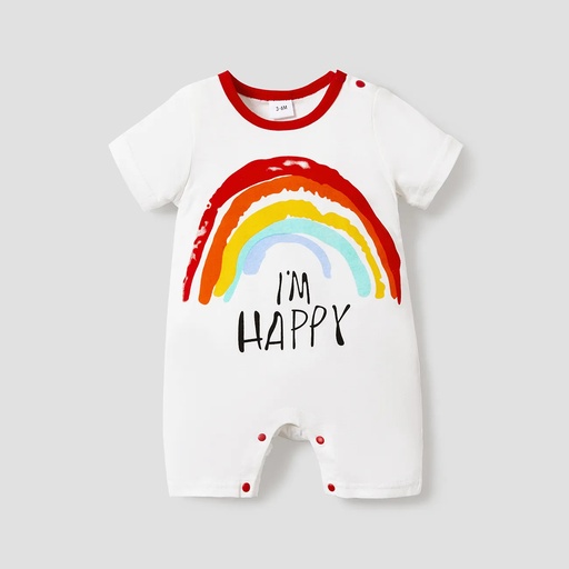 100% Cotton Letter and Rainbow Print Short-sleeve White Baby Romper