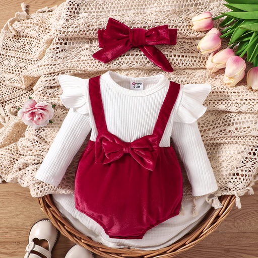 [SC8L2-20573187] 2pcs Baby Girl Cotton Ribbed Solid Spliced Long-sleeve Bow Front Romper & Headband Set