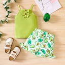 2pcs Toddler Girl Front Buttons Ribbed Ruffle Slip Top and Allover Avocado Print Shorts Set