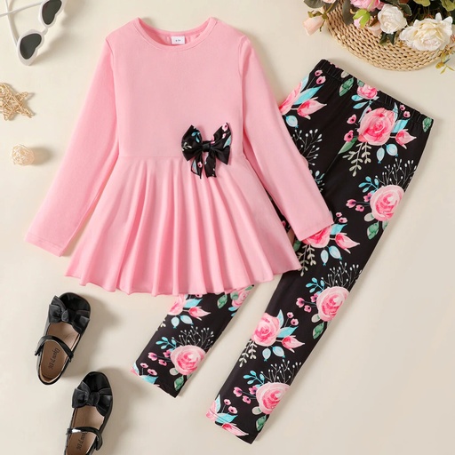 [SC8L4-20464855] 2pcs Kid Girl Bowknot Design Long-sleeve Tee and Floral Print Leggings Set