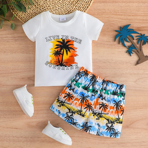 2pcs Baby Boy Letters Print Short-sleeve Tee and Allover Dinosaur Print Shorts Set