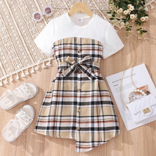 Kid Girl Plaid Splice Button Design Belted Irregular Hem Short-sleeve Dress