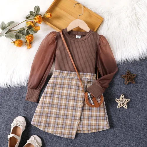 2PCS Kid Girl Grid Houndstooth Puff Sleeves Skirt Set