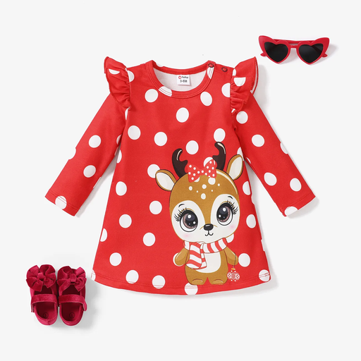  Baby Girl Sweet Elk PrintLong Sleeve Dress