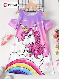 Kid Girl Unicorn & Rainbow Print Cold Shoulder Dress