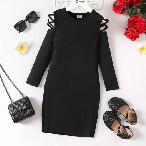 Kid Girl Hollow Out Long-sleeve Rib-knit Bodycon Dress 